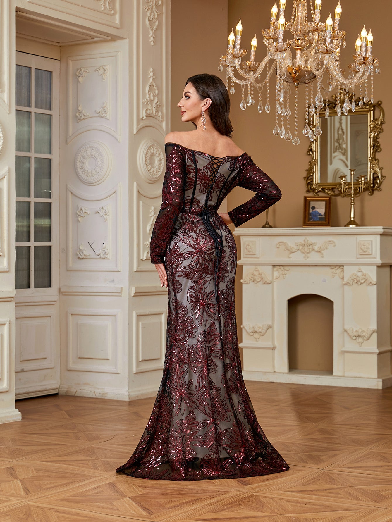 Burgundy Sequin Corset Off Shoulder Mermaid Evening Gown