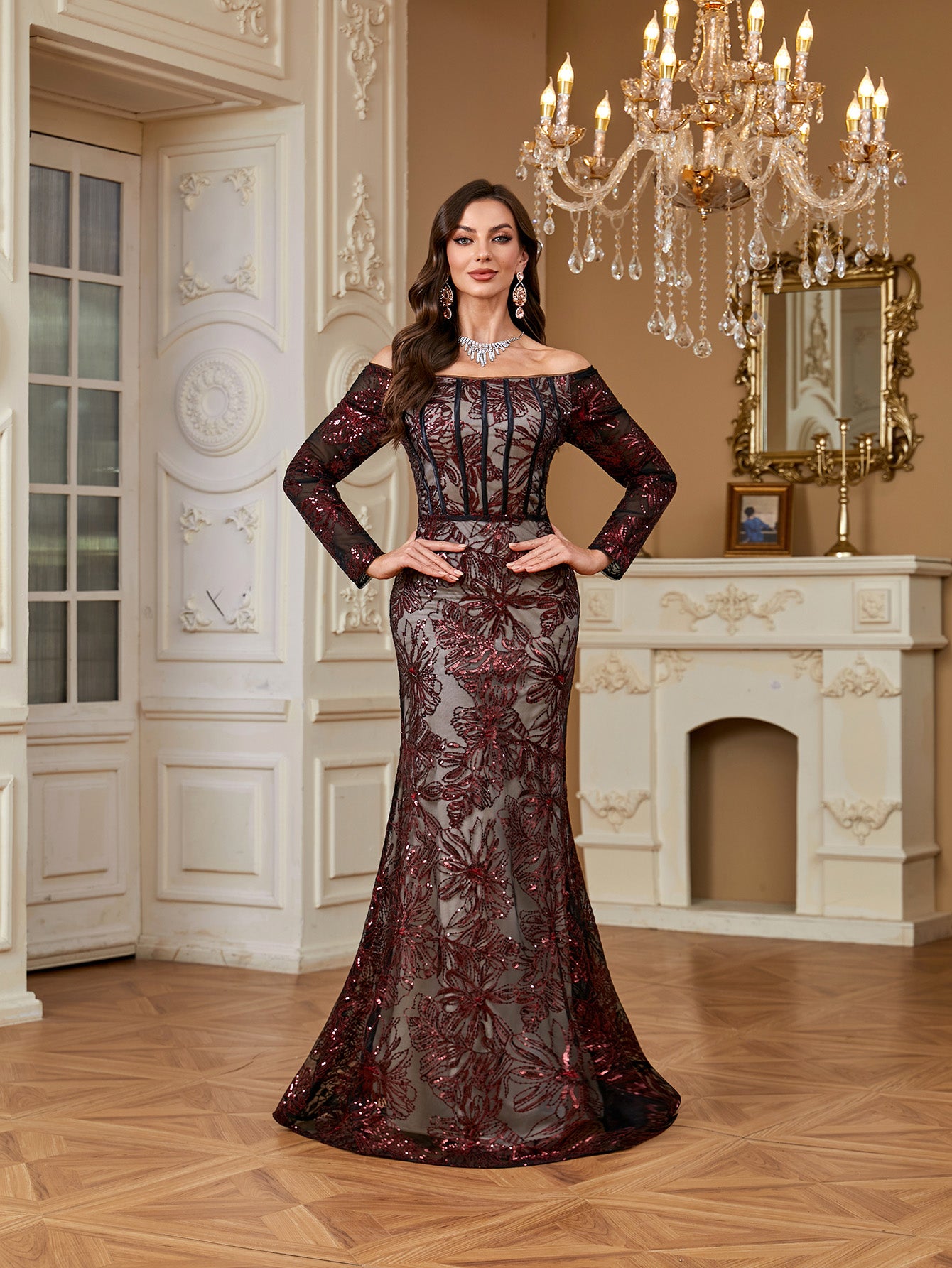 Burgundy Sequin Corset Off Shoulder Mermaid Evening Gown