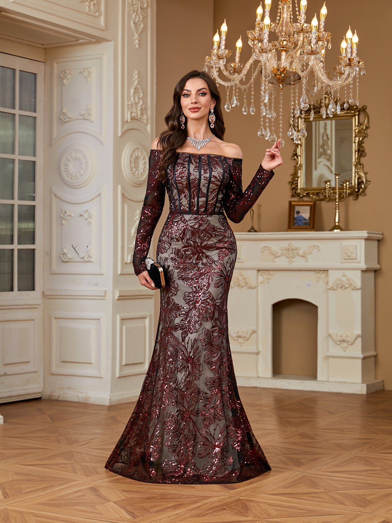 Burgundy Sequin Corset Off Shoulder Mermaid Evening Gown
