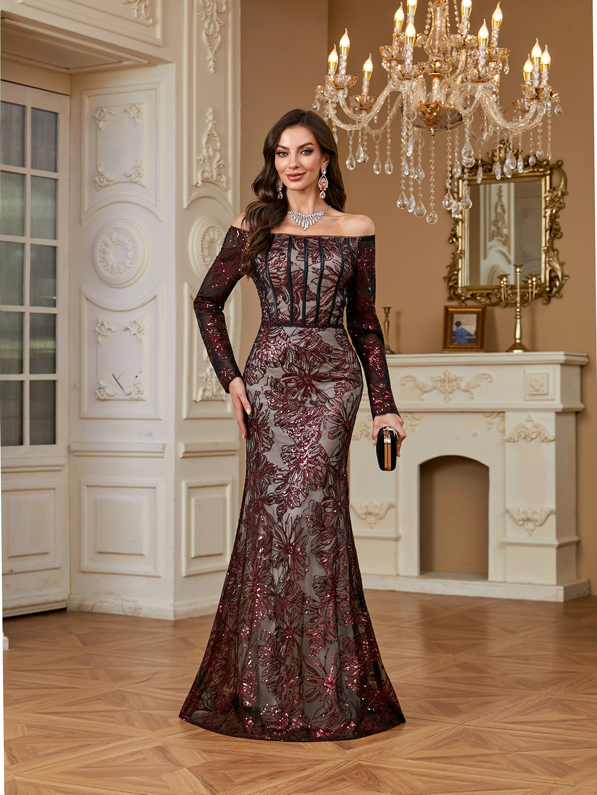 Burgundy Sequin Corset Off Shoulder Mermaid Evening Gown