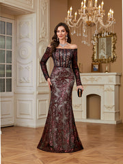 Burgundy Sequin Corset Off Shoulder Mermaid Evening Gown