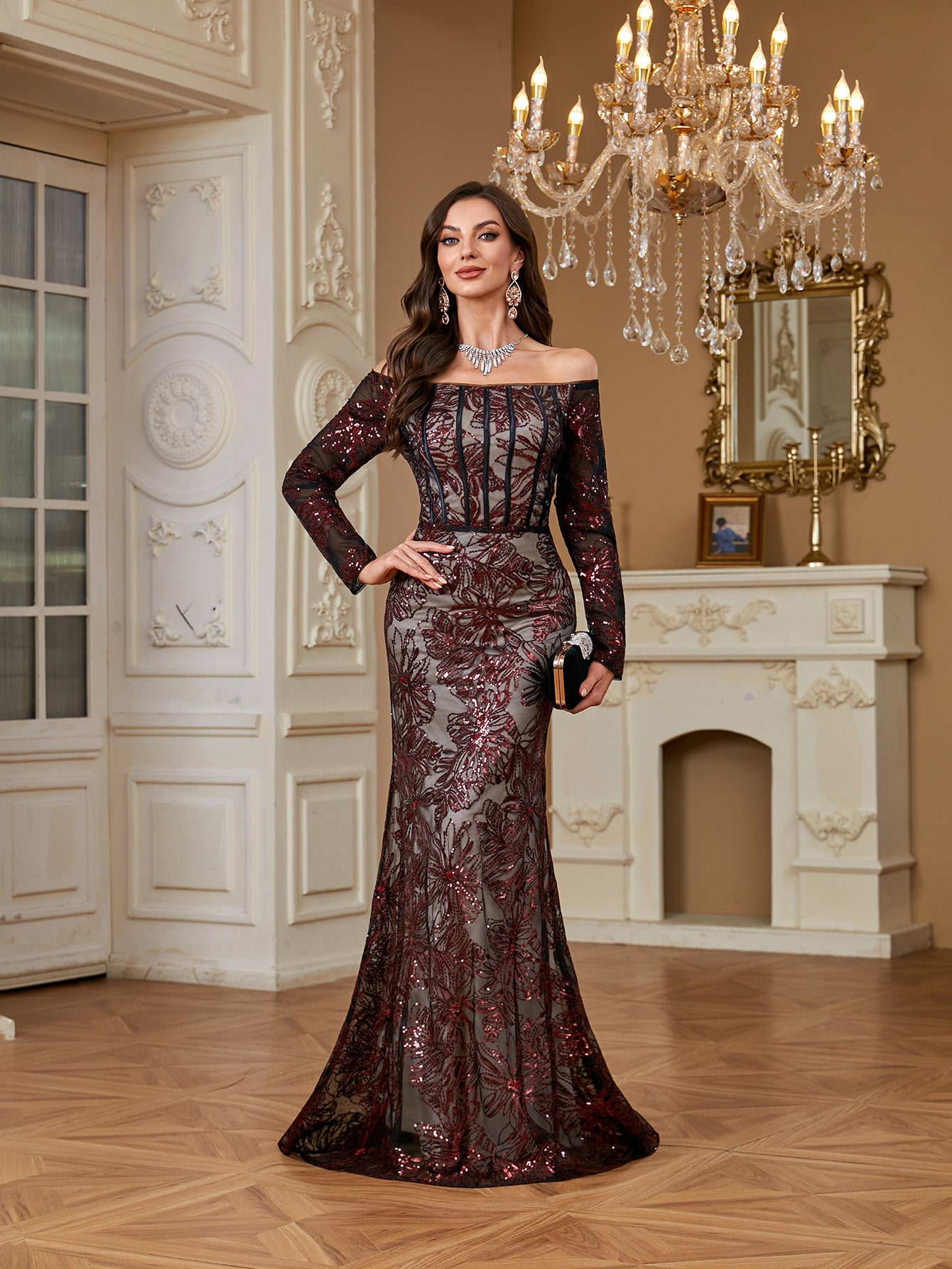 Burgundy Sequin Corset Off Shoulder Mermaid Evening Gown