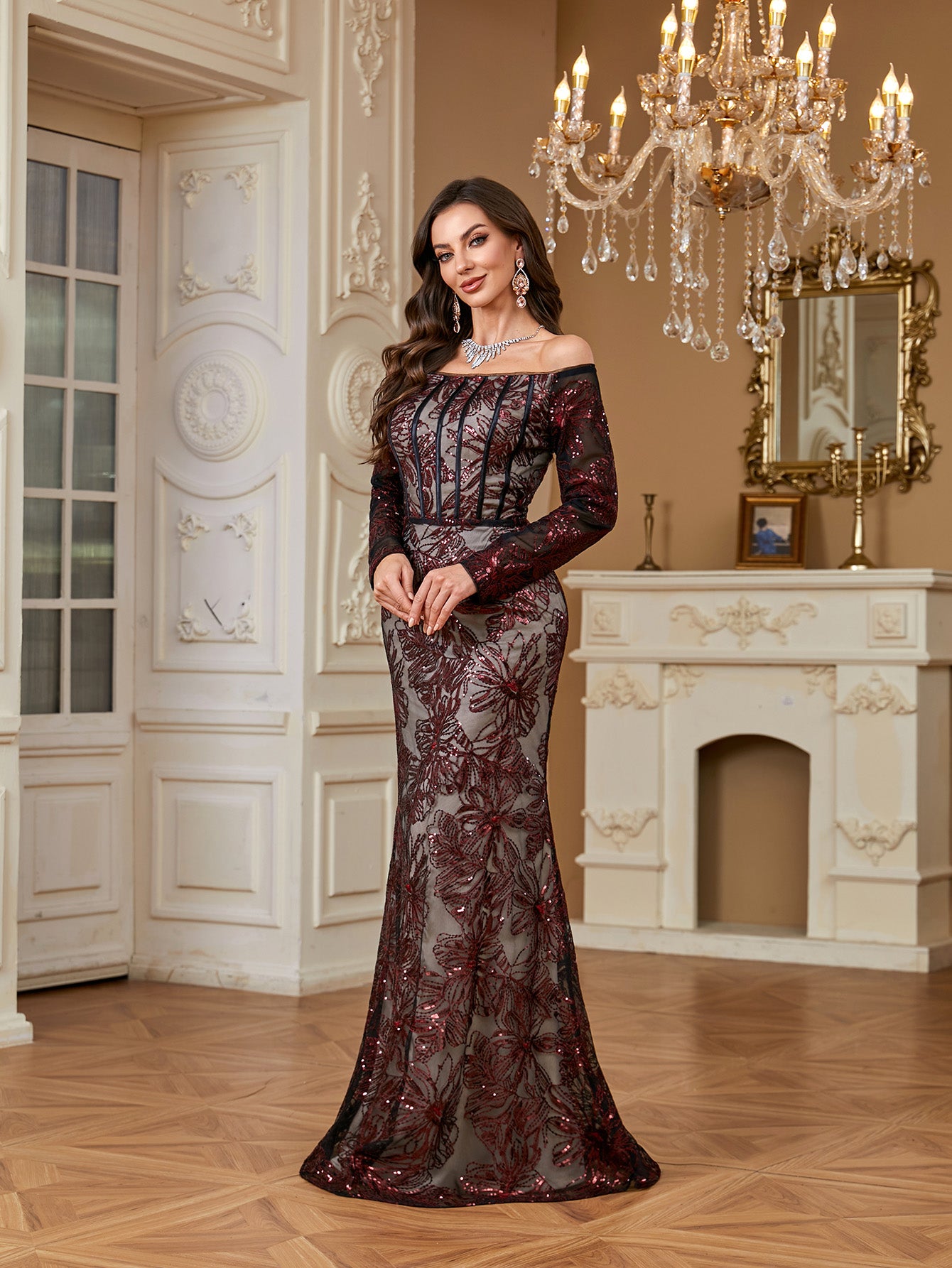 Burgundy Sequin Corset Off Shoulder Mermaid Evening Gown