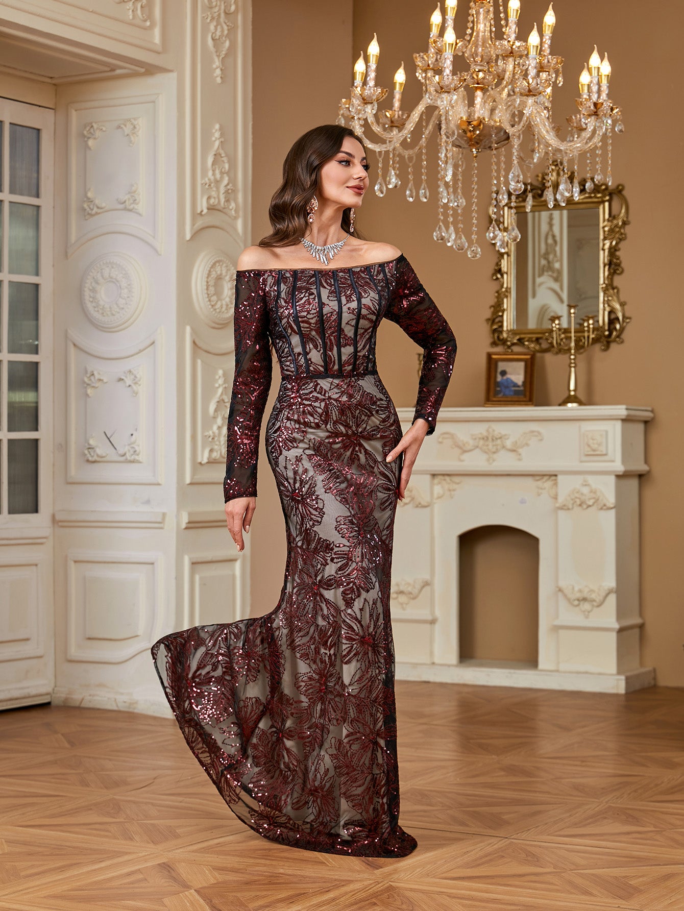 Burgundy Sequin Corset Off Shoulder Mermaid Evening Gown