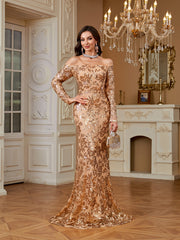 Champagne Gold Sequin Off Shoulder Long Sleeve Mermaid Evening Gown