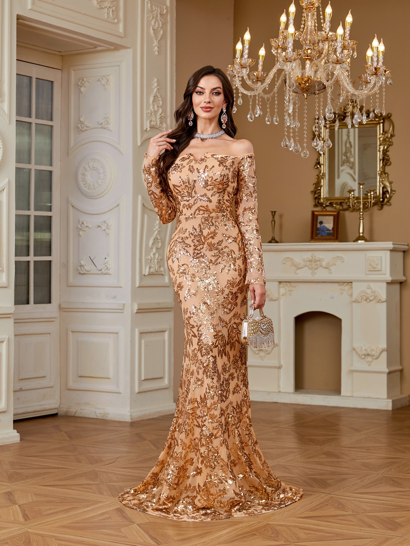 Champagne Gold Sequin Off Shoulder Long Sleeve Mermaid Evening Gown