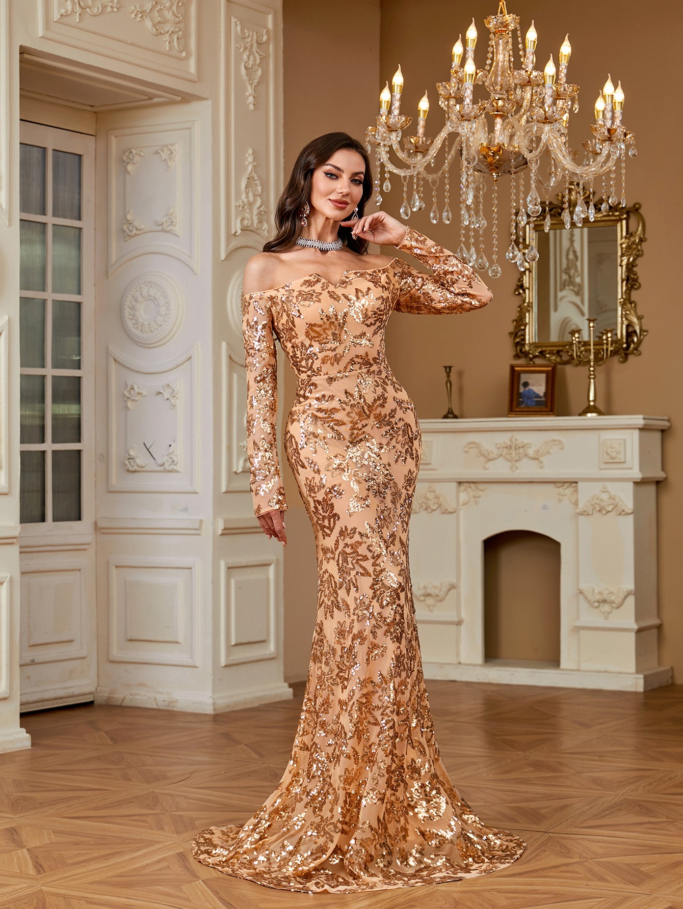 Champagne Gold Sequin Off Shoulder Long Sleeve Mermaid Evening Gown