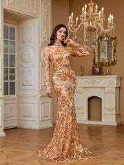 Champagne Gold Sequin Off Shoulder Long Sleeve Mermaid Evening Gown
