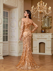 Champagne Gold Sequin Off Shoulder Long Sleeve Mermaid Evening Gown