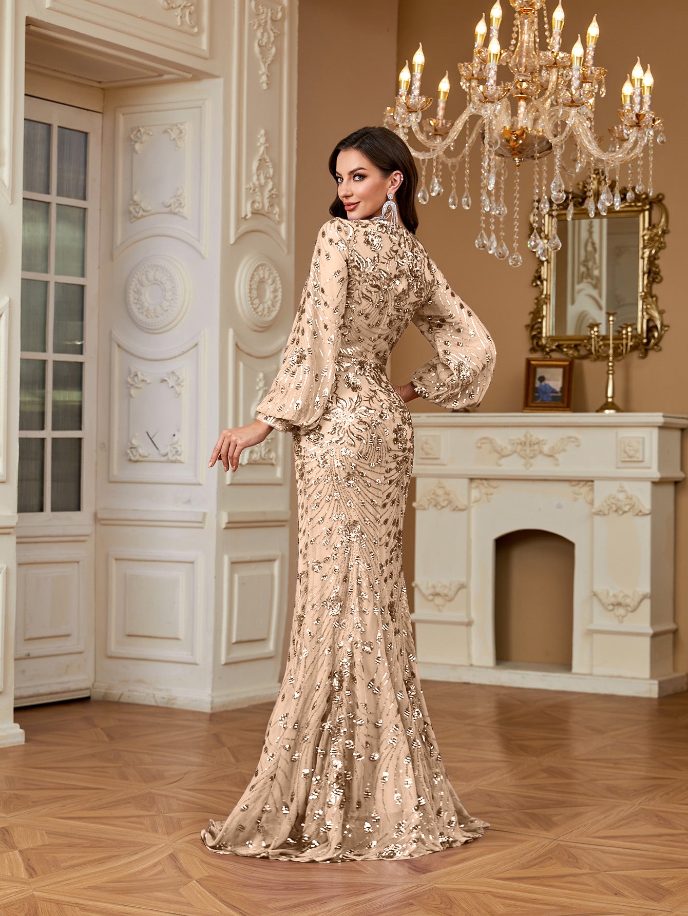 Slim Fit Long Sleeved Embroidered Sequin Dress