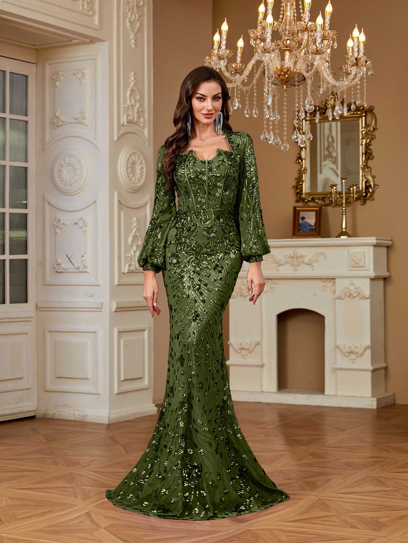 Slim Fit Long Sleeved Embroidered Sequin Dress
