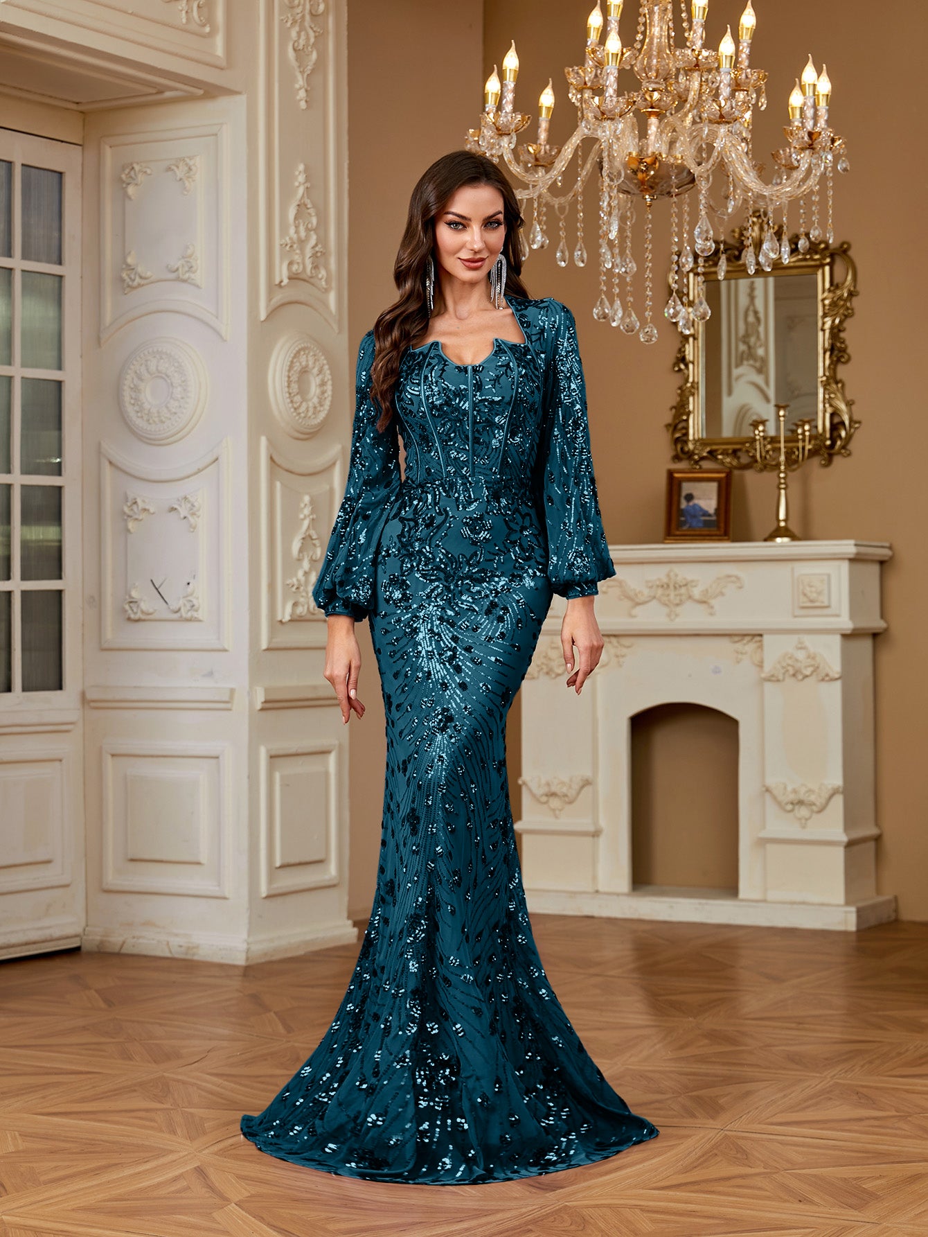 Slim Fit Long Sleeved Embroidered Sequin Dress