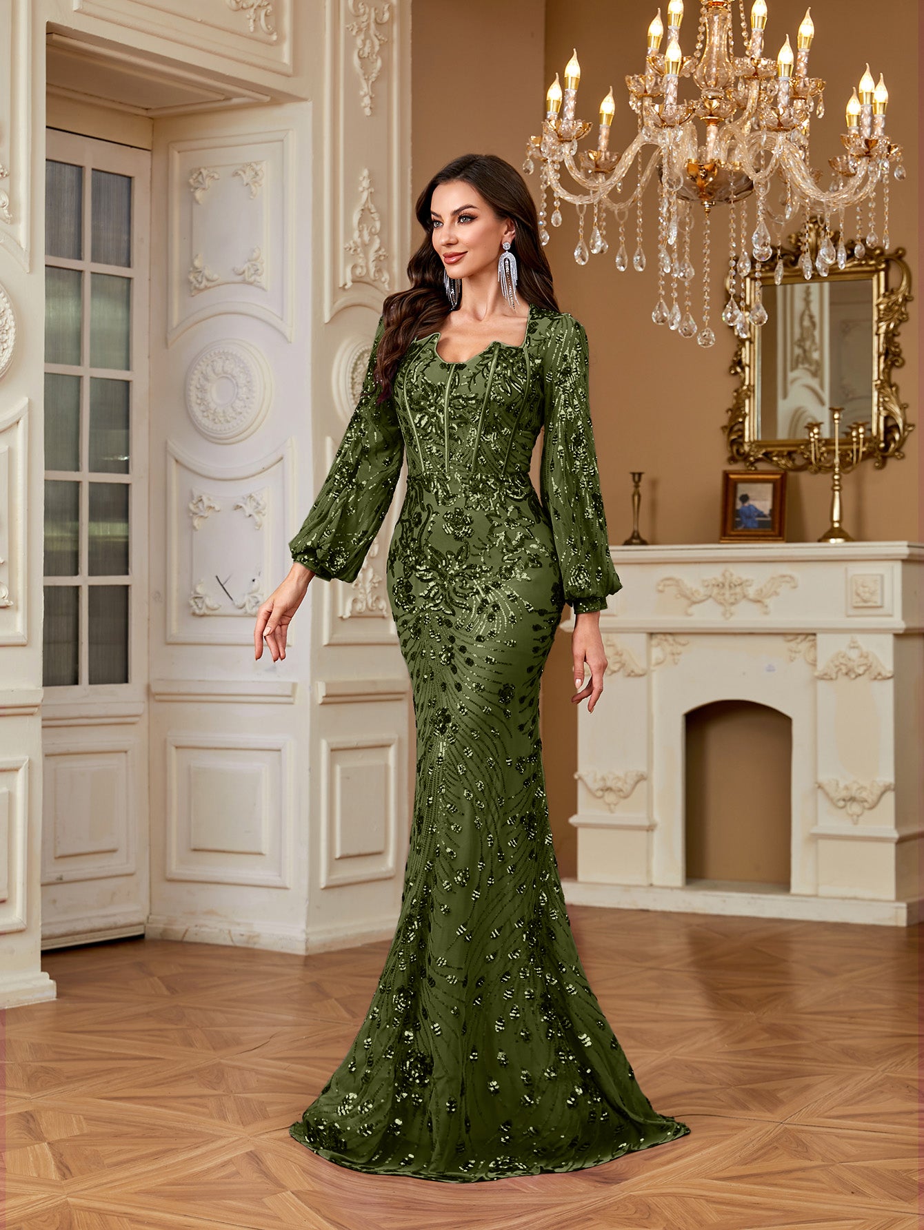Slim Fit Long Sleeved Embroidered Sequin Dress