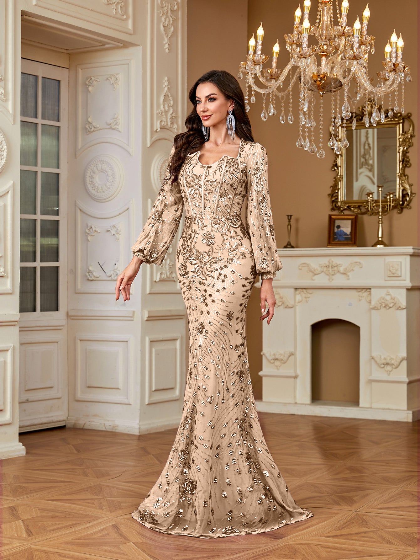 Slim Fit Long Sleeved Embroidered Sequin Dress