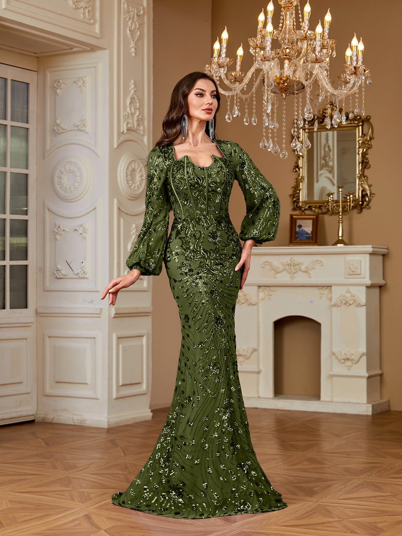 Slim Fit Long Sleeved Embroidered Sequin Dress