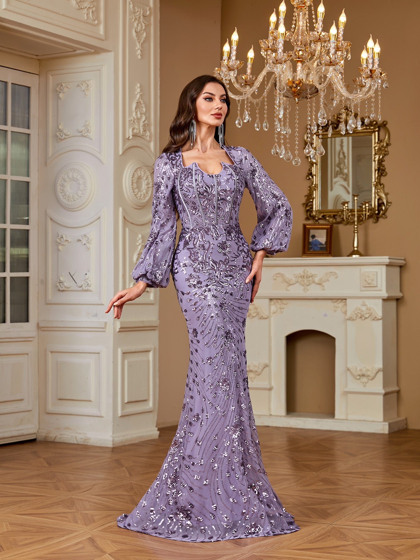 Slim Fit Long Sleeved Embroidered Sequin Dress