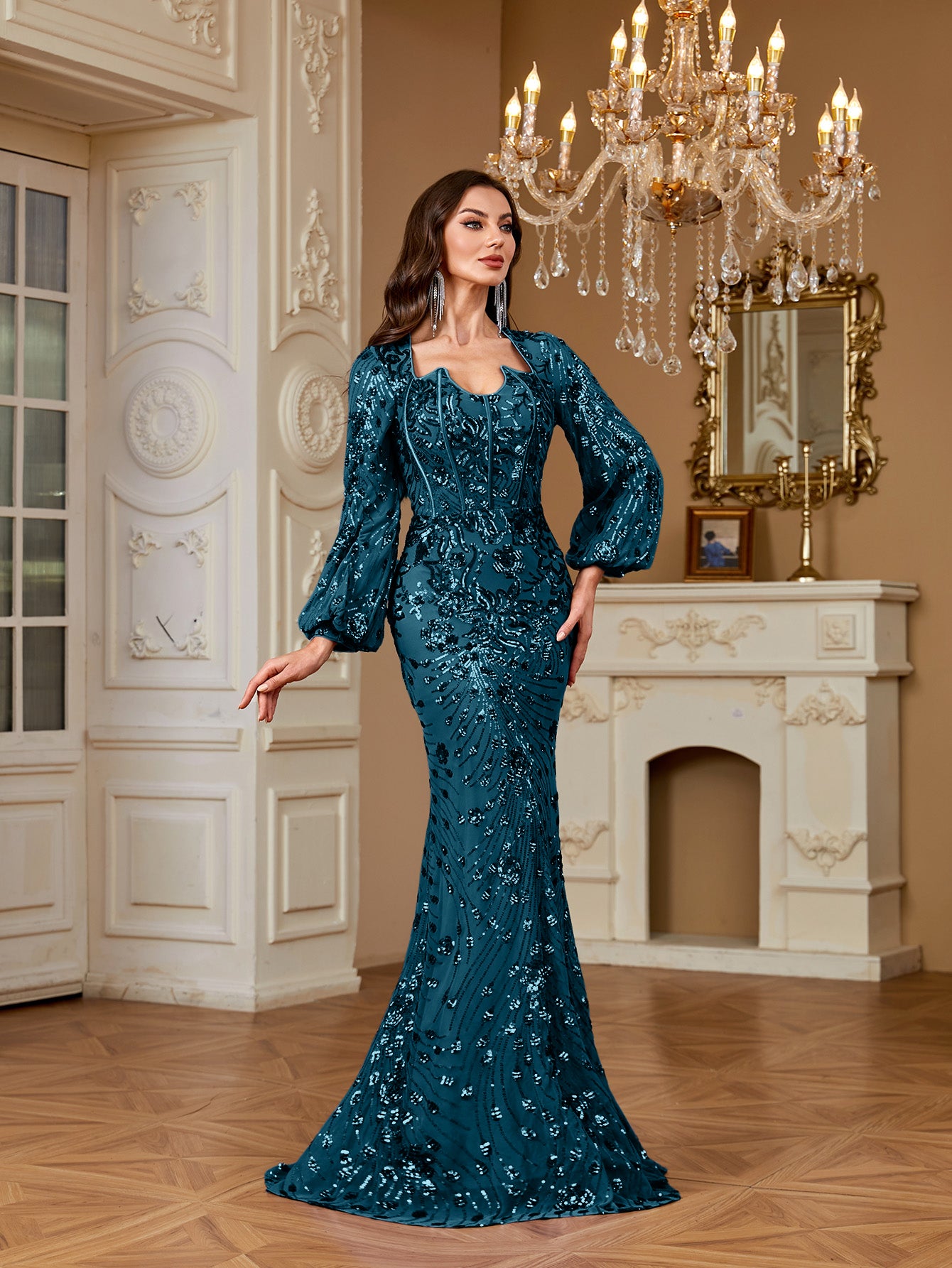 Slim Fit Long Sleeved Embroidered Sequin Dress