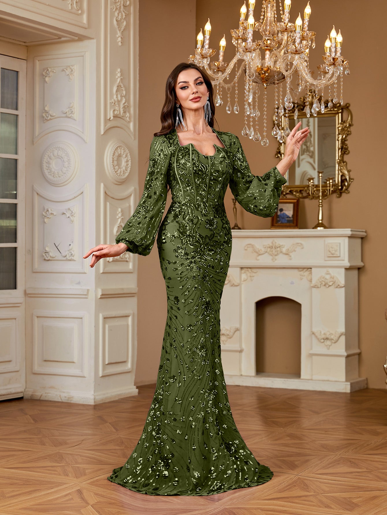 Slim Fit Long Sleeved Embroidered Sequin Dress