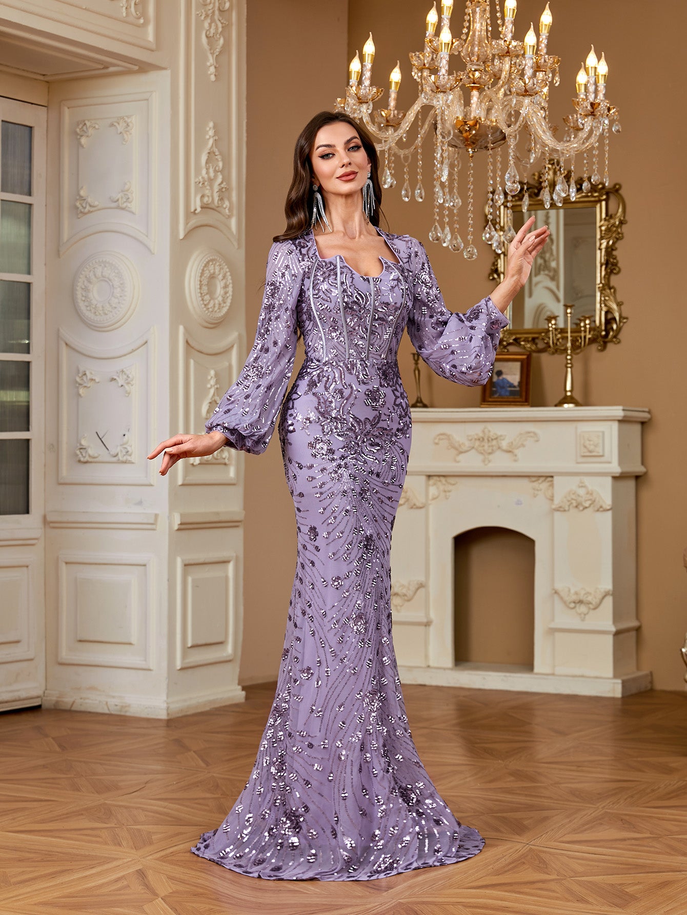 Slim Fit Long Sleeved Embroidered Sequin Dress