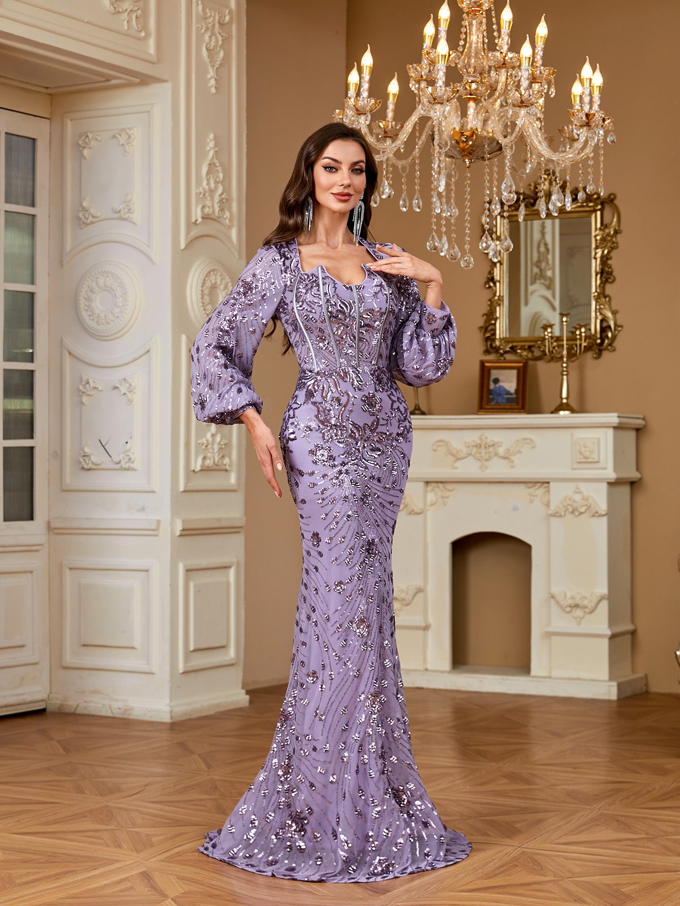 Slim Fit Long Sleeved Embroidered Sequin Dress