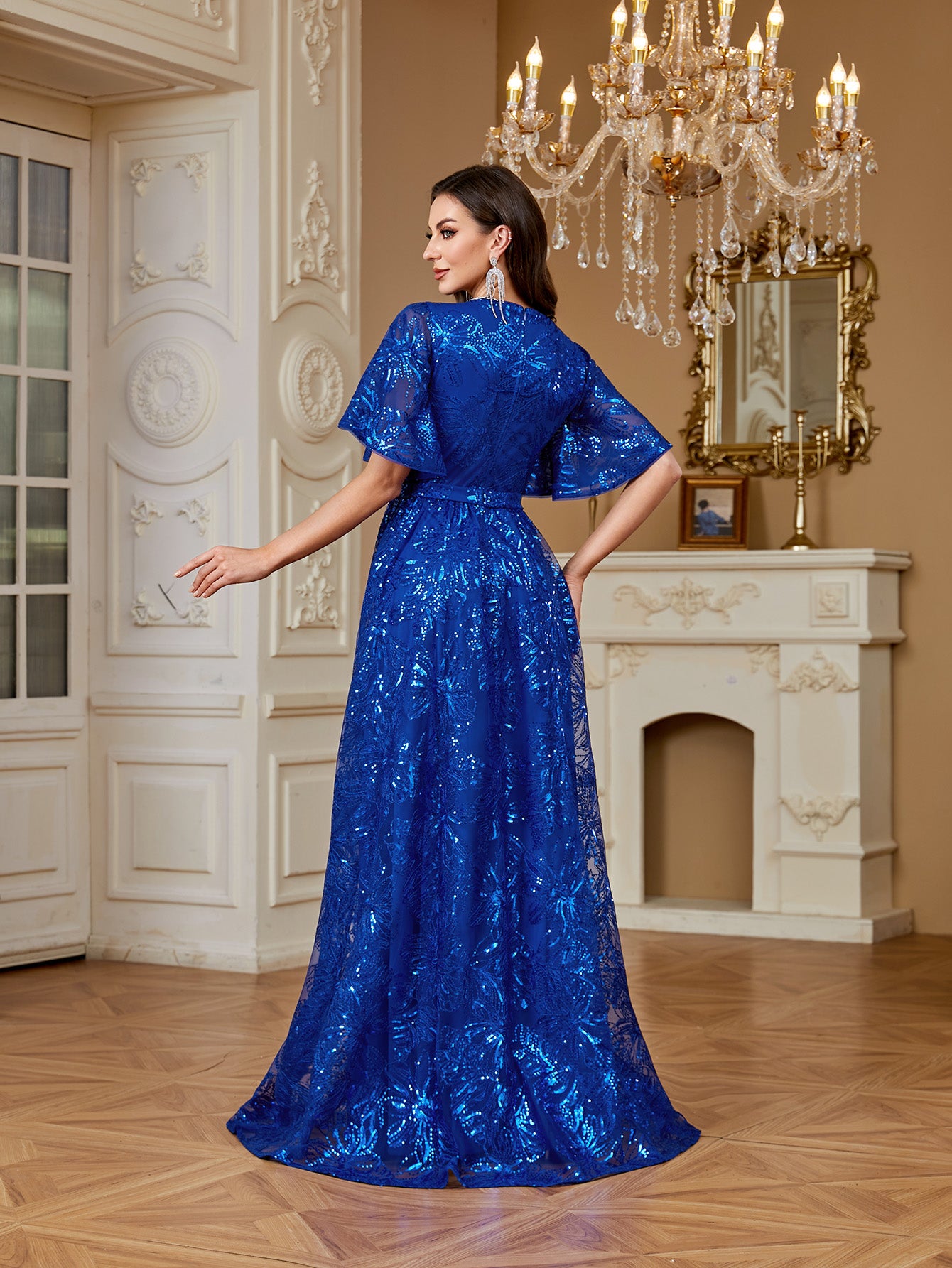 Royal Blue Sequin Flutter‑Sleeve High Waist A‑Line Evening Gown