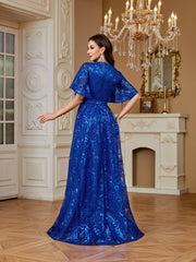 Royal Blue Sequin Flutter‑Sleeve High Waist A‑Line Evening Gown