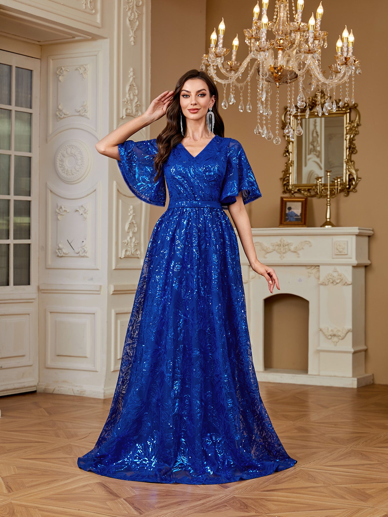 Royal Blue Sequin Flutter‑Sleeve High Waist A‑Line Evening Gown