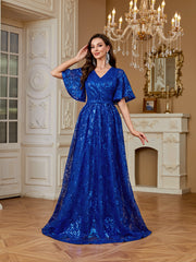 Royal Blue Sequin Flutter‑Sleeve High Waist A‑Line Evening Gown