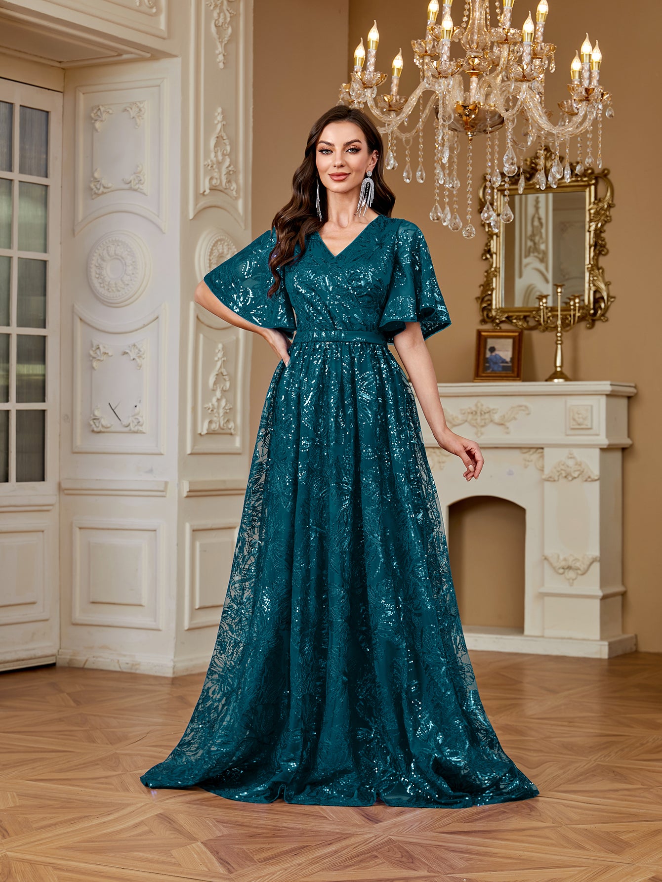 Elegant Formal Party Embroidered Sequin Long Dress