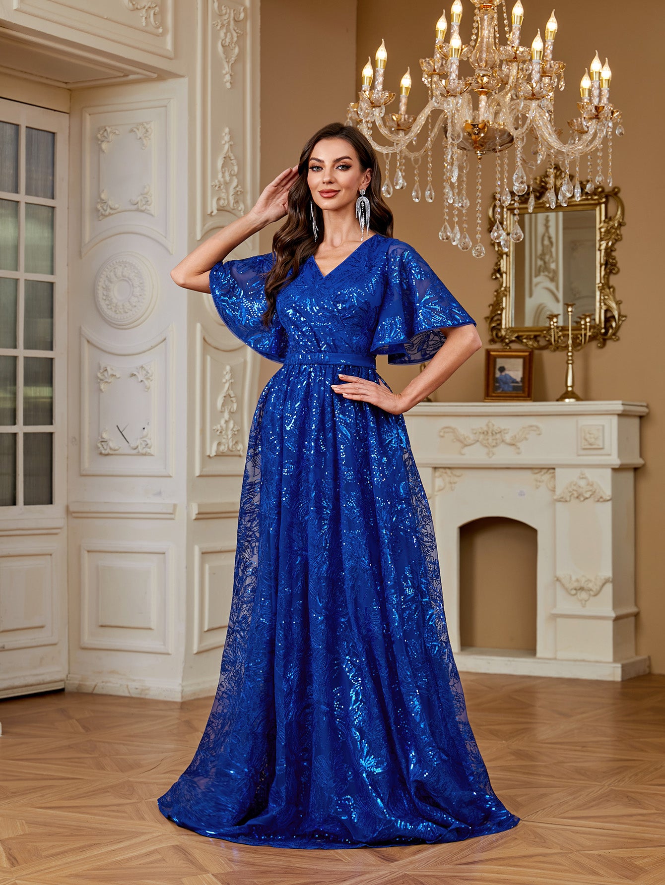 Royal Blue Sequin Flutter‑Sleeve High Waist A‑Line Evening Gown