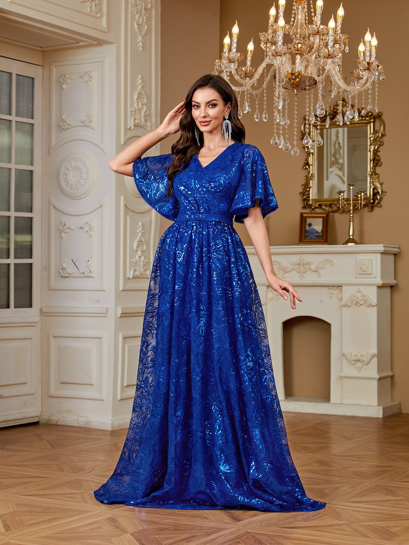 Royal Blue Sequin Flutter‑Sleeve High Waist A‑Line Evening Gown