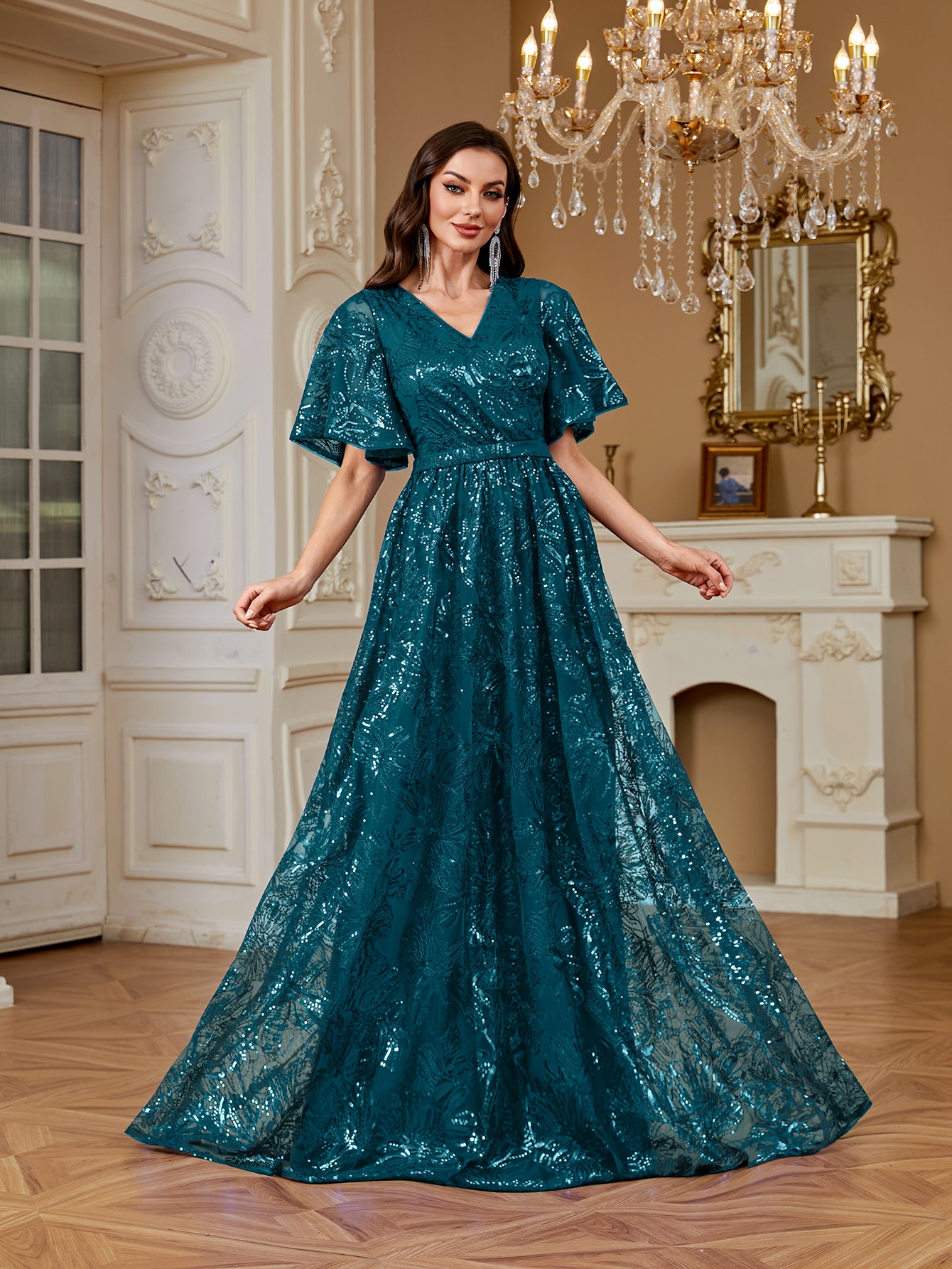 Elegant Formal Party Embroidered Sequin Long Dress
