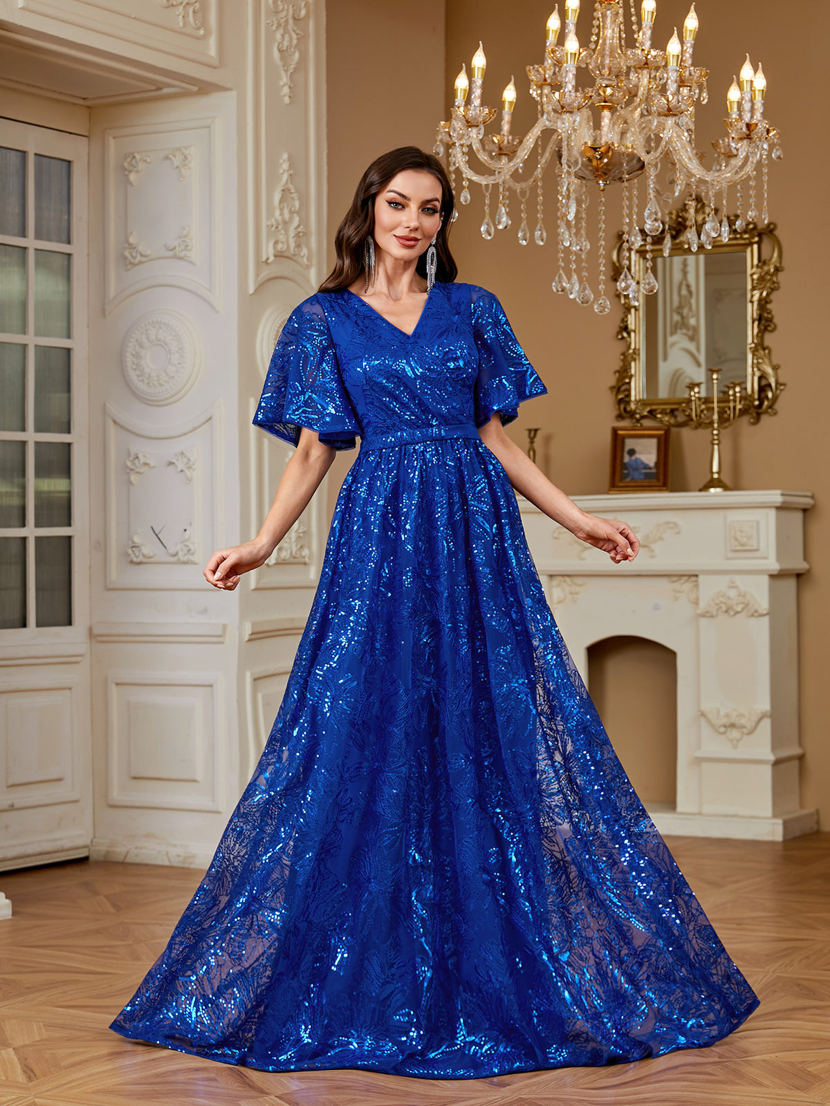 Royal Blue Sequin Flutter‑Sleeve High Waist A‑Line Evening Gown