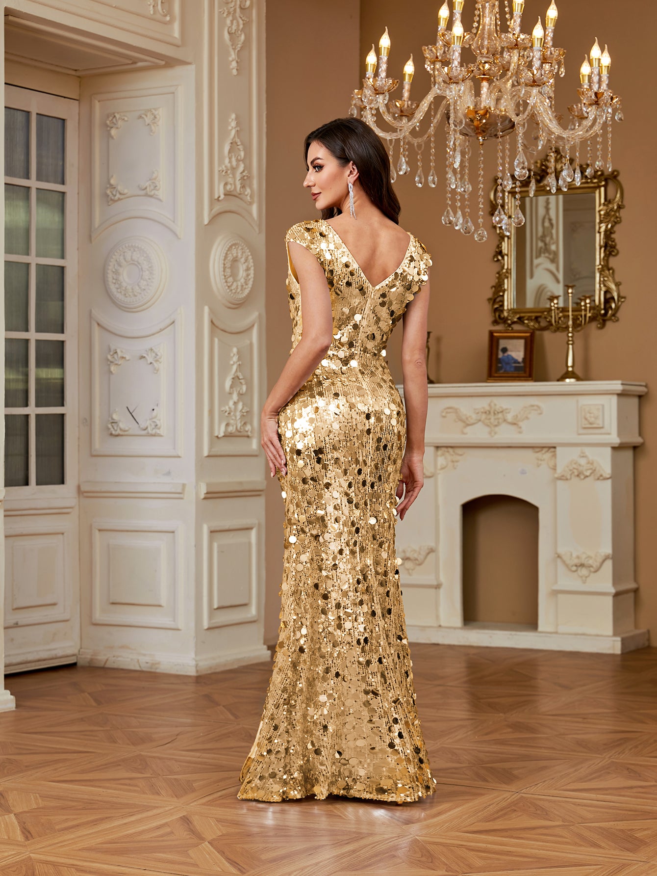 Long Elegant V-Neck Sequined Bodycon Formal Maxi Dress