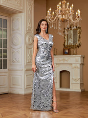 Silver Sequin Cap Sleeve V‑Neck High Slit Mermaid Evening Gown