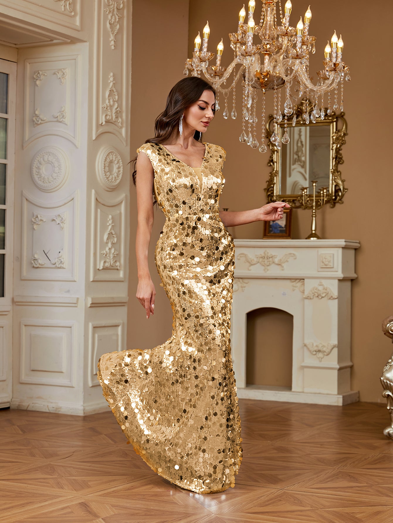 Long Elegant V-Neck Sequined Bodycon Formal Maxi Dress