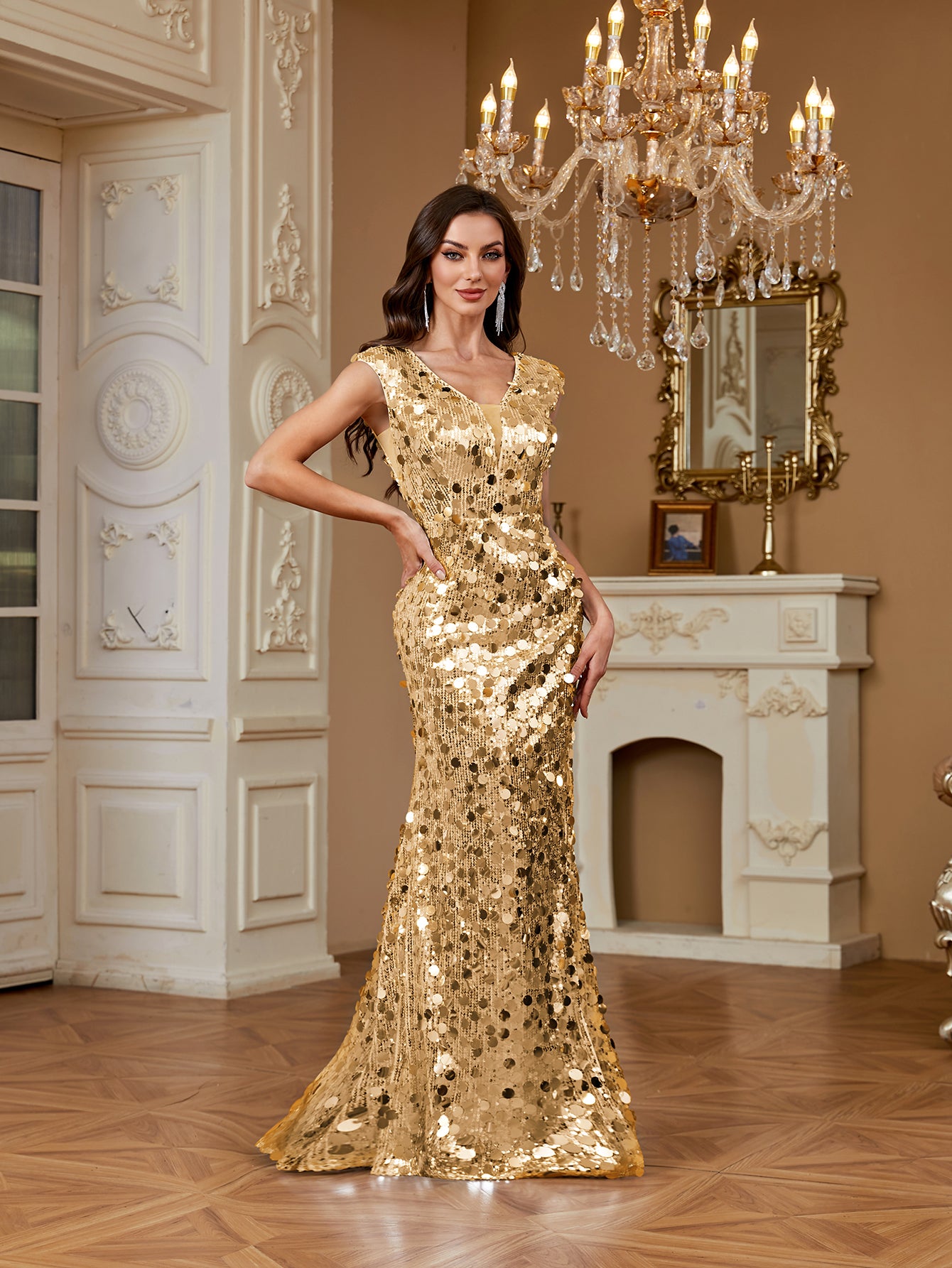 Long Elegant V-Neck Sequined Bodycon Formal Maxi Dress