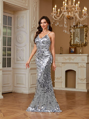 Silver Mixed Sequin Spaghetti Strap Mermaid Evening Gown