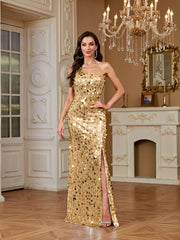 Elegant And Formal One Shoulder Slim Fit Fish Tail Sequin Long Skirt