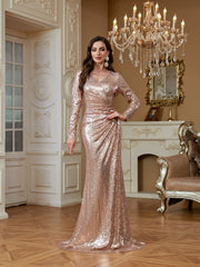 Rose Gold Sequin Long Sleeve V Neck Ruched Mermaid Evening Gown