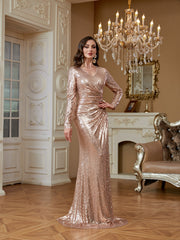 Rose Gold Sequin Long Sleeve V Neck Ruched Mermaid Evening Gown