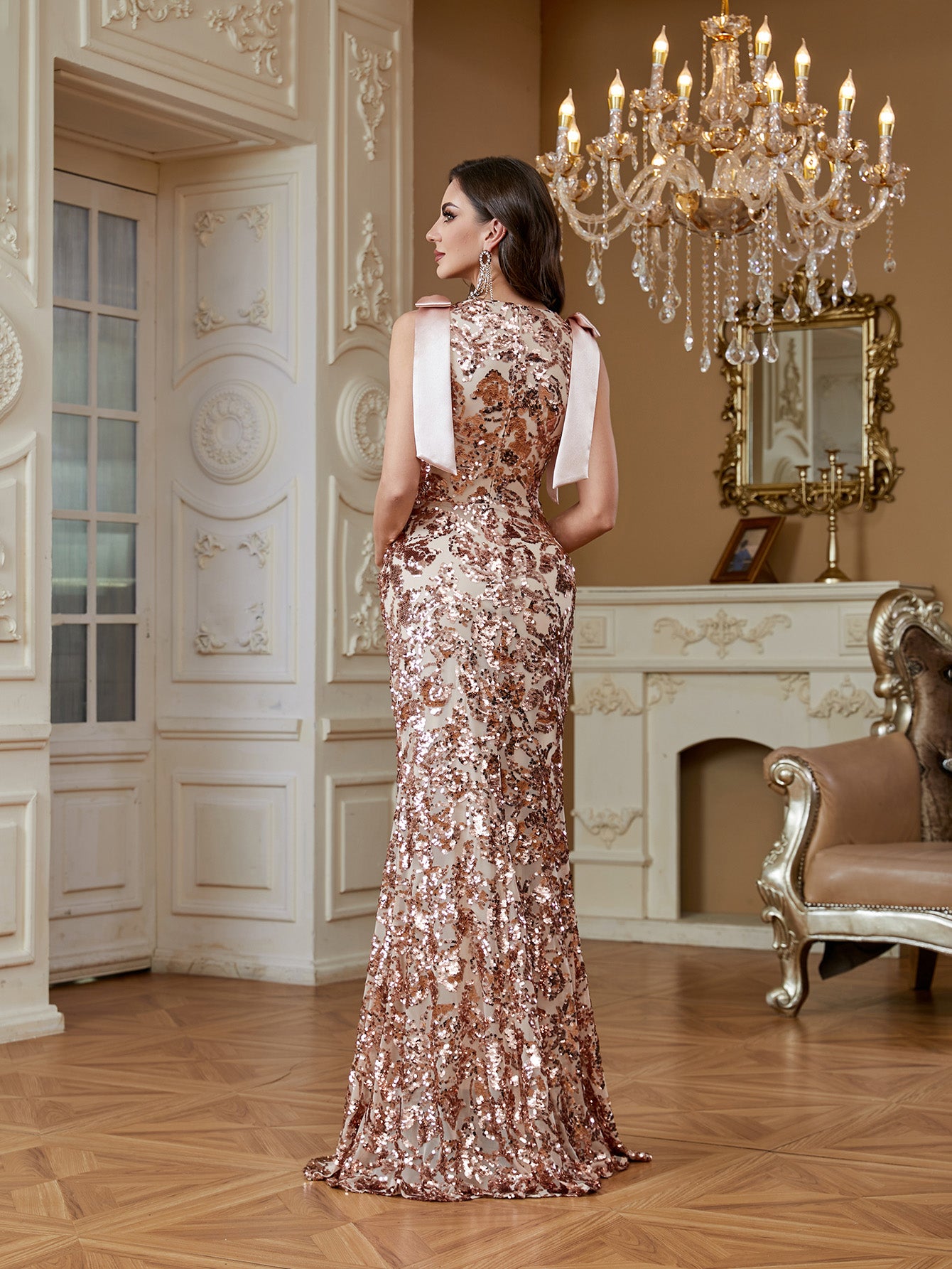 Rose Gold Sequin Bow Strap V‑Neck Mermaid Evening Gown