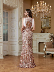 Rose Gold Sequin Bow Strap V‑Neck Mermaid Evening Gown