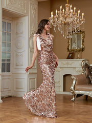 Rose Gold Sequin Bow Strap V‑Neck Mermaid Evening Gown