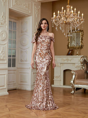 Champagne Gold Satin Trim Off‑Shoulder Sequin Mermaid Evening Gown