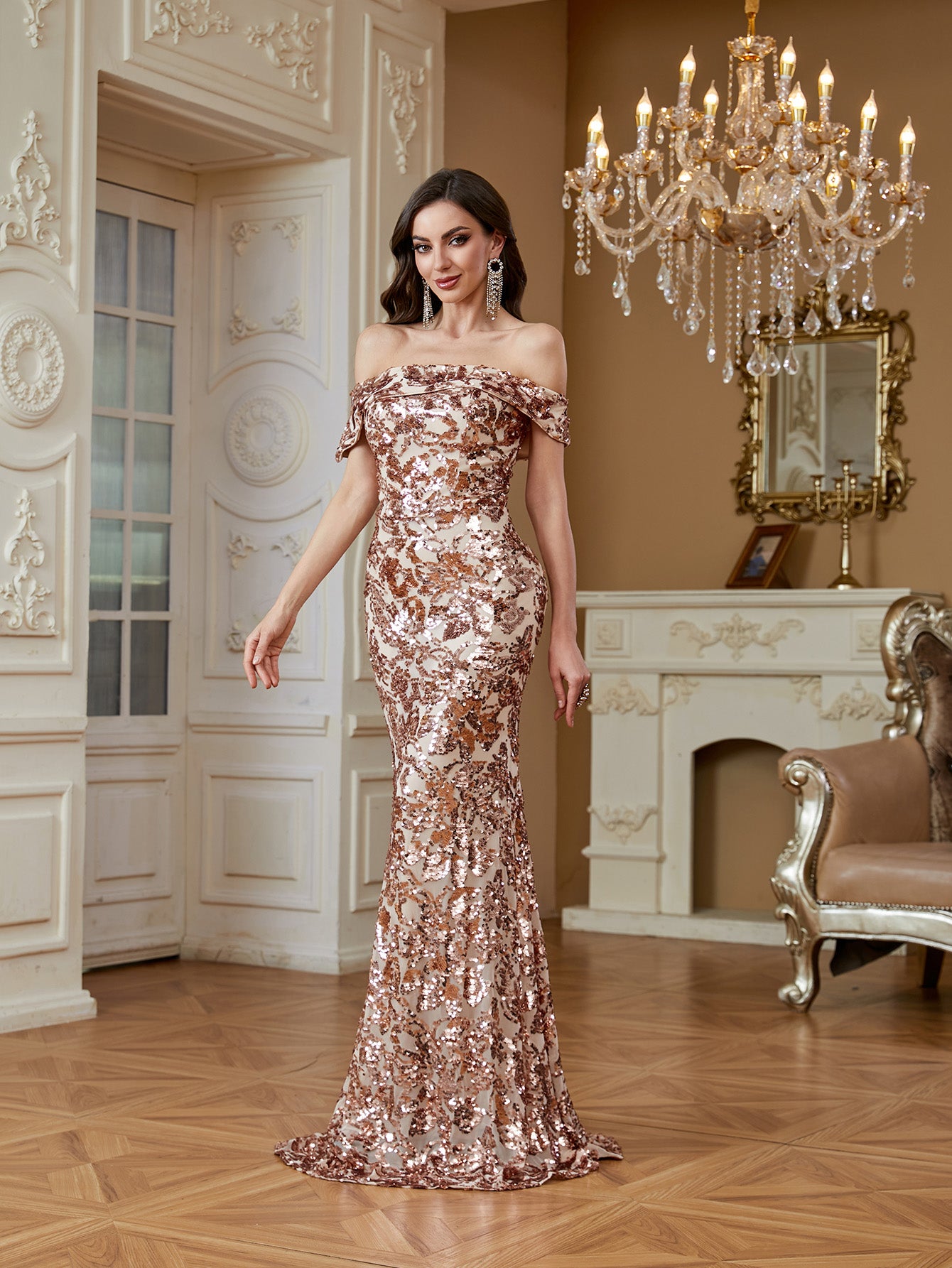 Champagne Gold Satin Trim Off‑Shoulder Sequin Mermaid Evening Gown