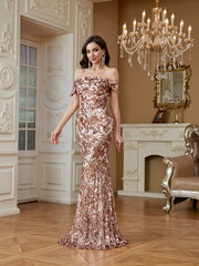 Champagne Gold Satin Trim Off‑Shoulder Sequin Mermaid Evening Gown