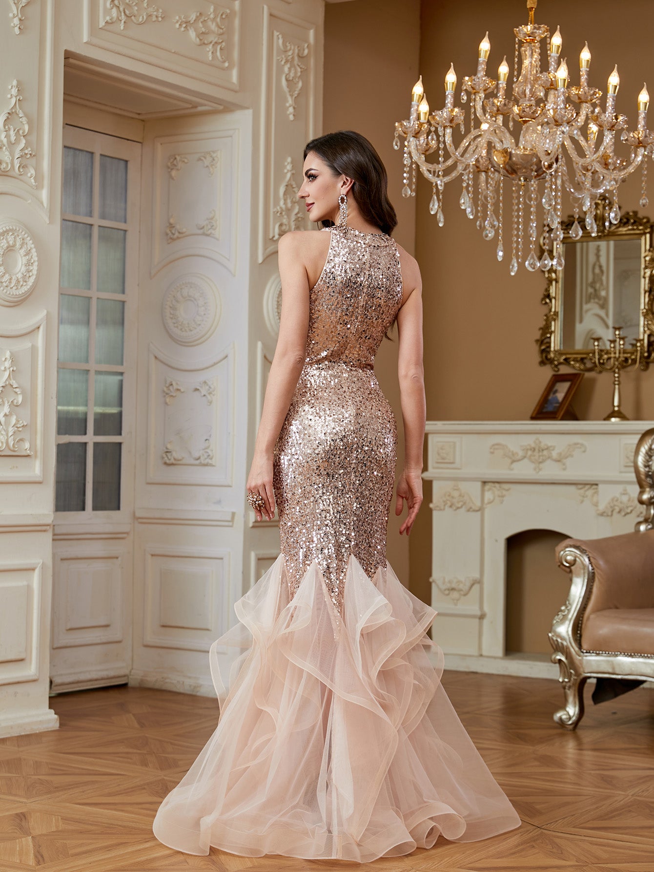 Rose Gold Sequin Halter Ruffle Tulle Mermaid Evening Gown