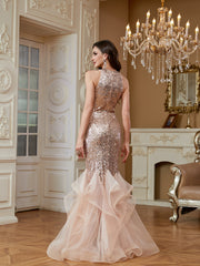 Rose Gold Sequin Halter Ruffle Tulle Mermaid Evening Gown
