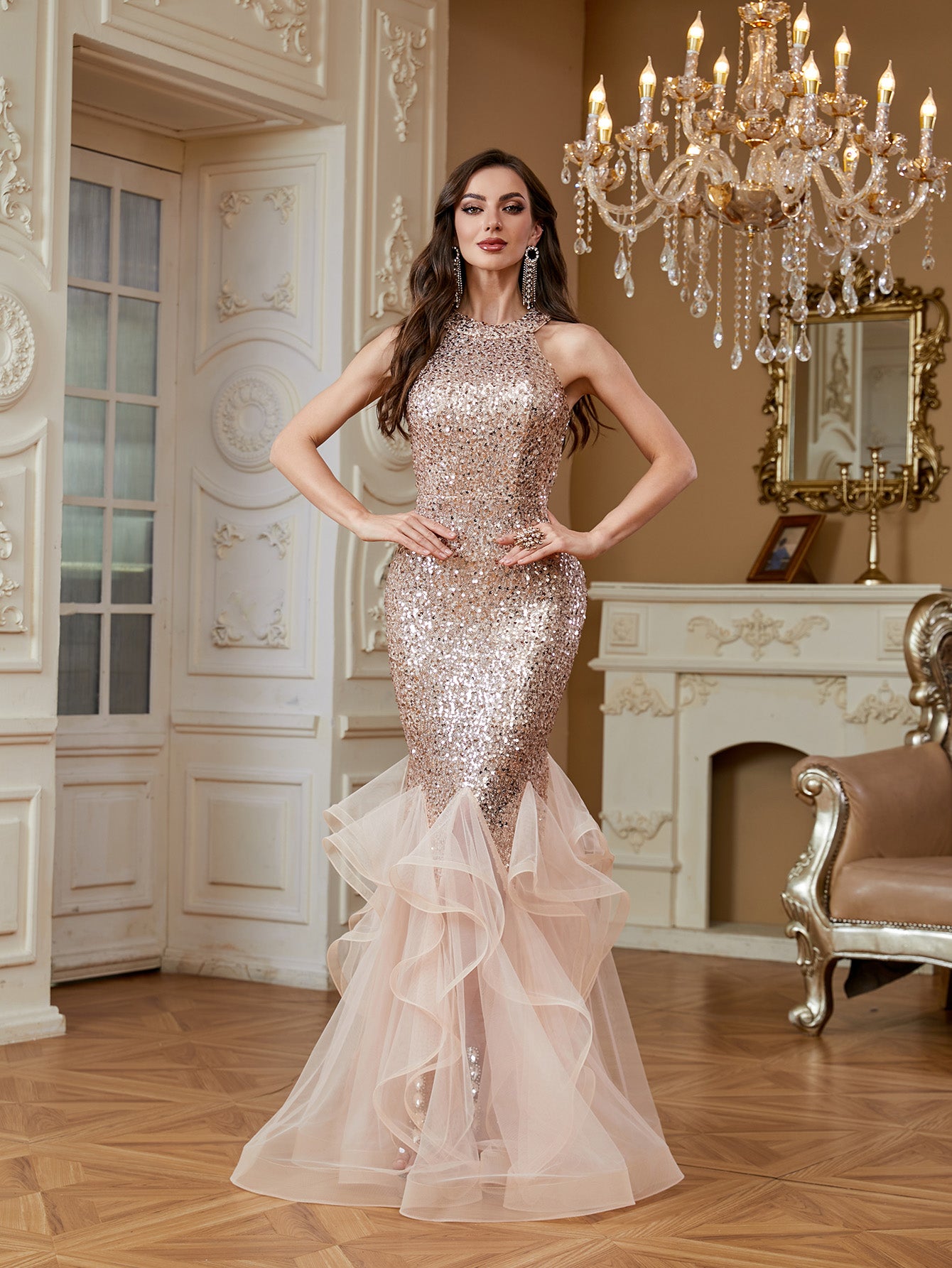 Rose Gold Sequin Halter Ruffle Tulle Mermaid Evening Gown